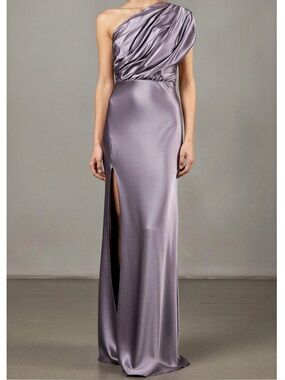 MICHELLE MASON Asymmetrical Open Back One Shoulder Silk Satin Gown, Mauve, 0(US)